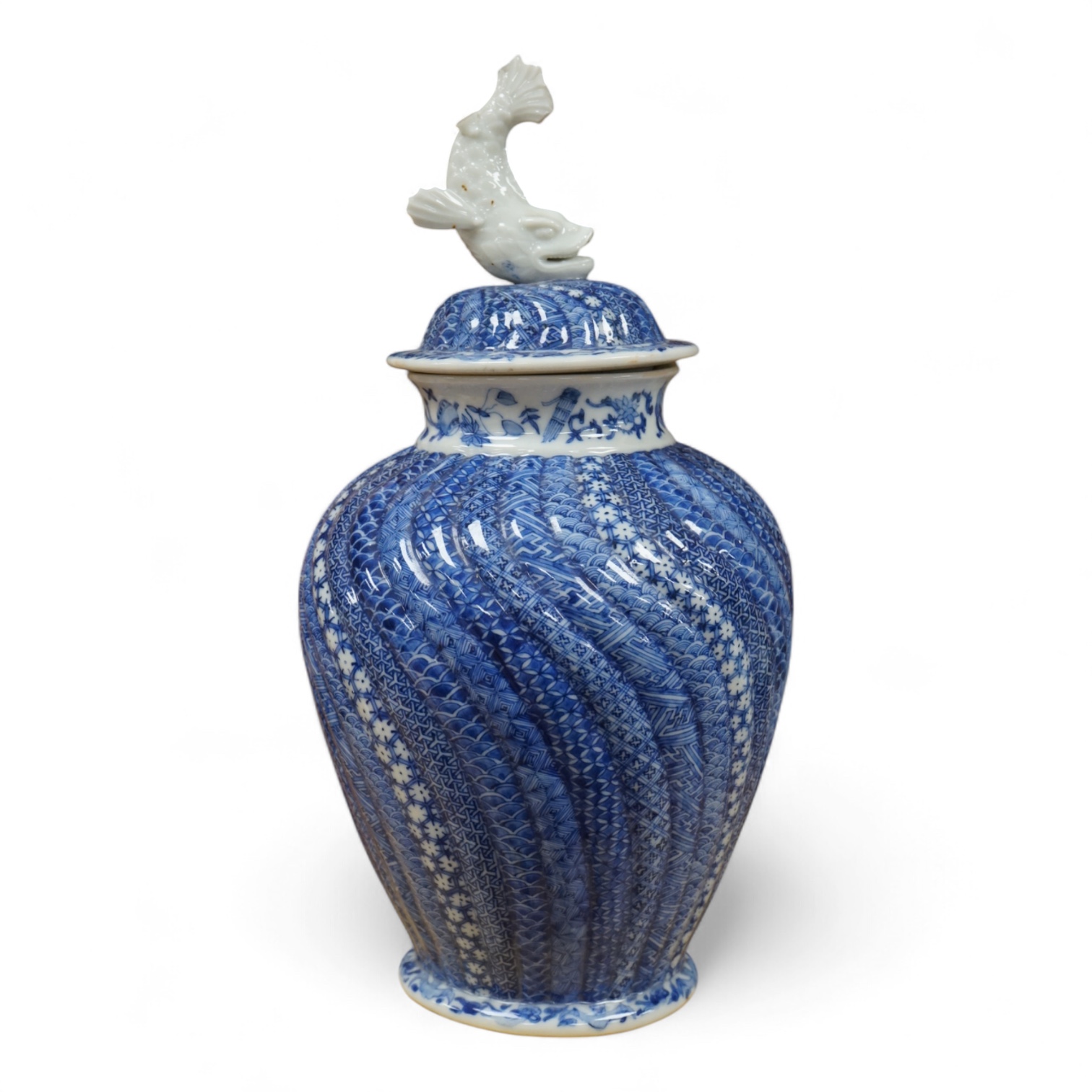A Japanese blue and white water jar and cover, with fish knop, Meiji period, 31cm high